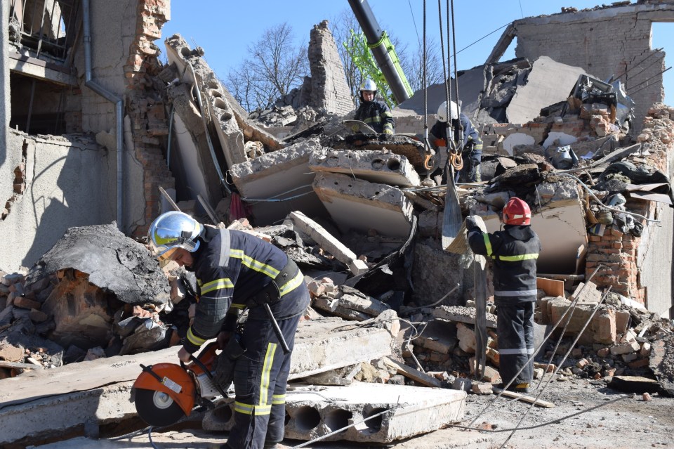 Rescue teams searching through the rubble for survivors in Antopil