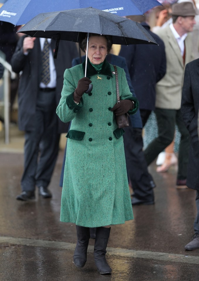 Princess Anne attends the second day of the Cheltenham Festival wearing green