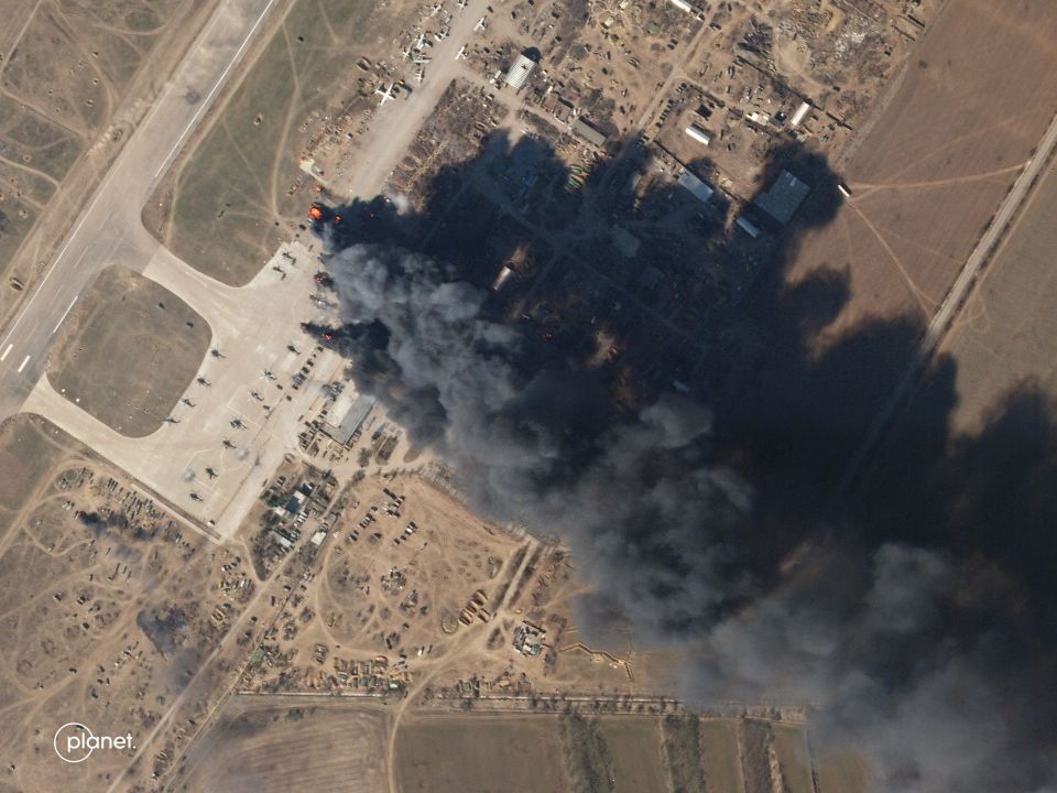 Kherson airbase on fire after an alleged airstrike against Russian forces occupying the base