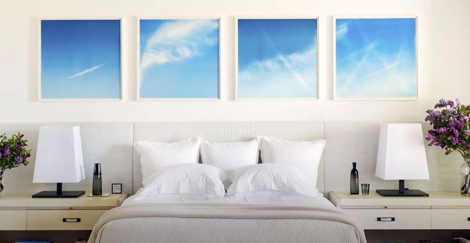 Blue can help you feel at ease, as can artwork depicting natural scenery