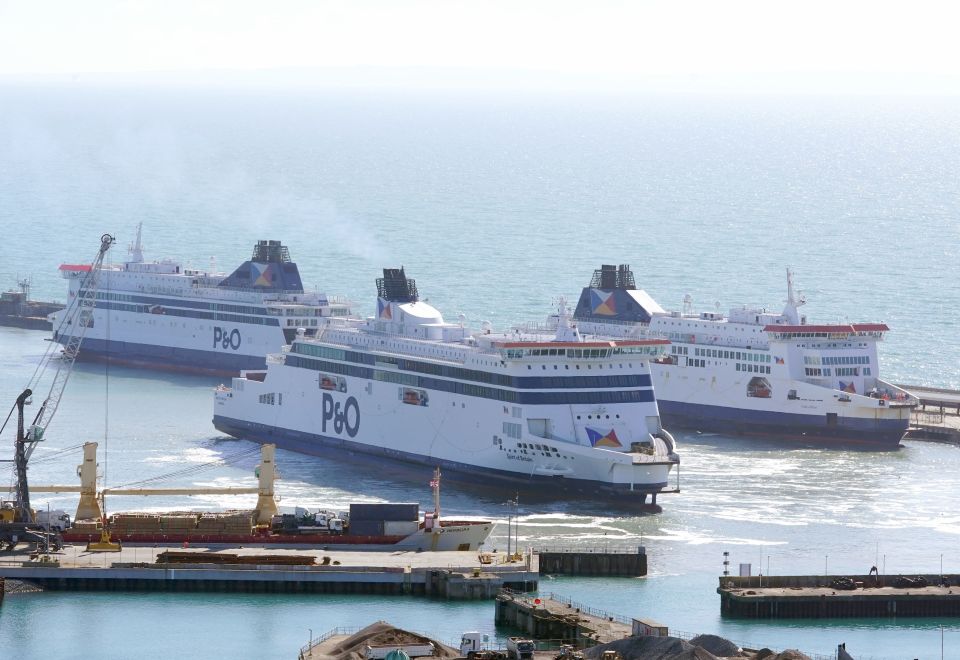 Three P&O ferries, Spirit of Britain, Pride of Canterbury and Pride of Kent moor up in the cruise terminal at the Port of Dover in Kent