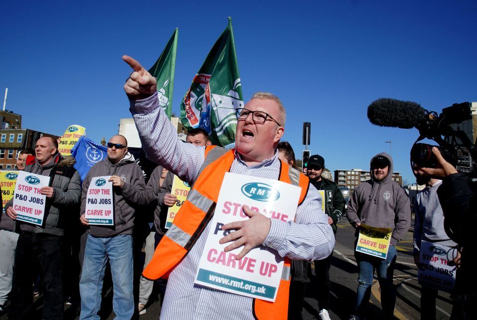 Former P&O staff and RMT members block the road leading to the Port of Dover