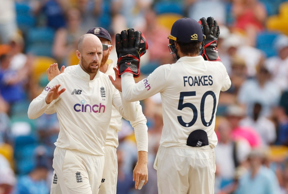 Jack Leach celebrates claiming the wicket of Brathwaite