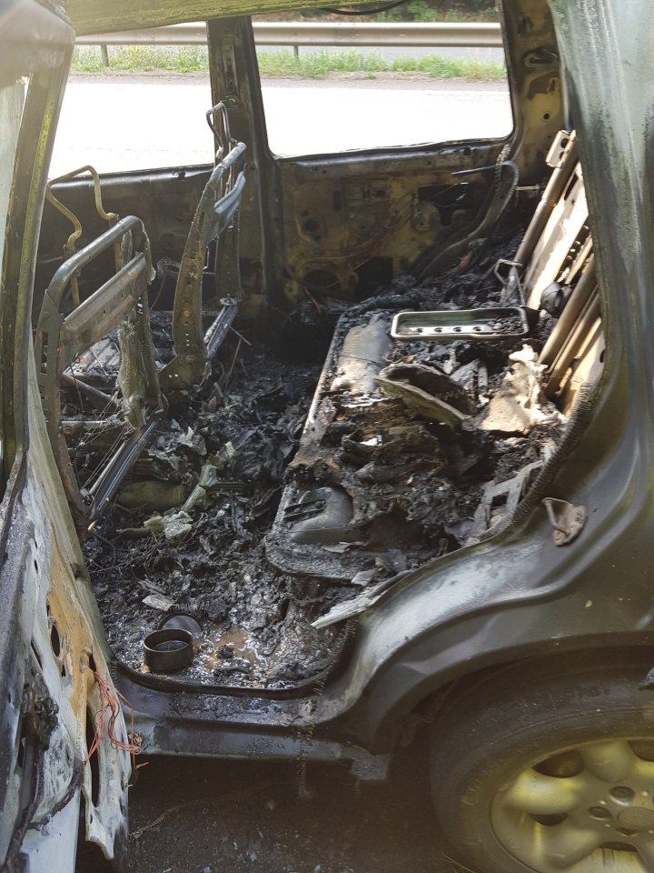 A burned-out car found in Northamptonshire had 400 litres of stolen fuel