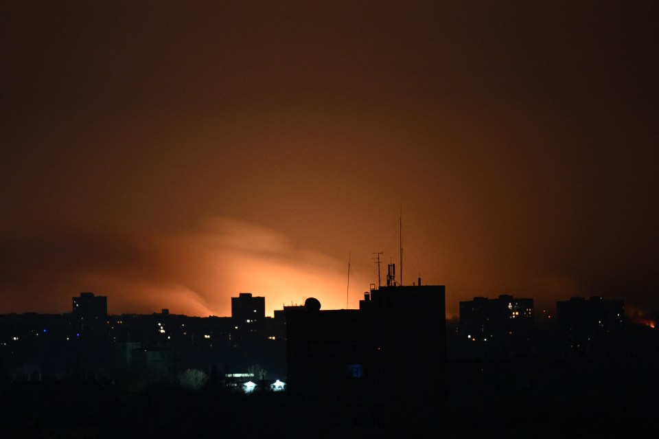 Fire and smoke lights up the sky in east of Kharkiv