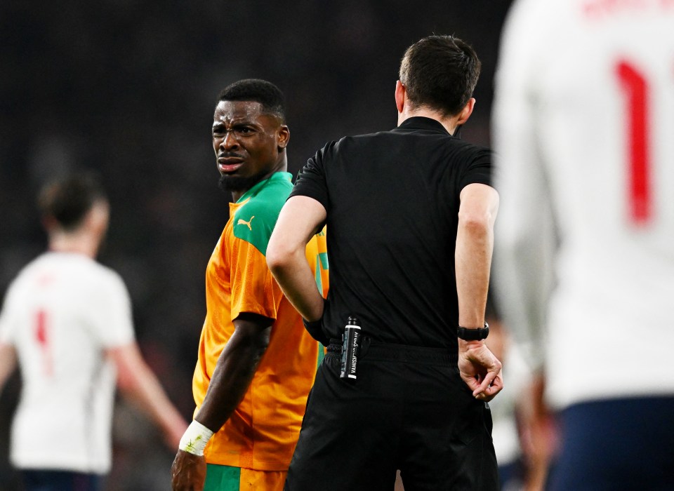 Former Spurs defender Serge Aurier was sent off against England