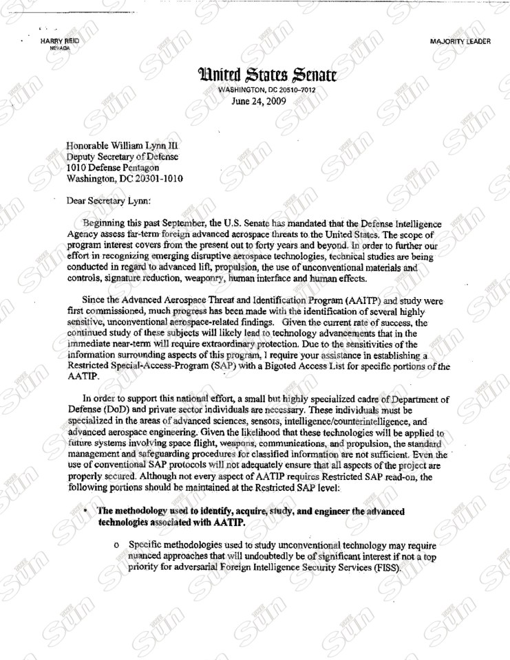 Letter from Senator Harry Reid stating that the findings of the programme demand “extraordinary protection”