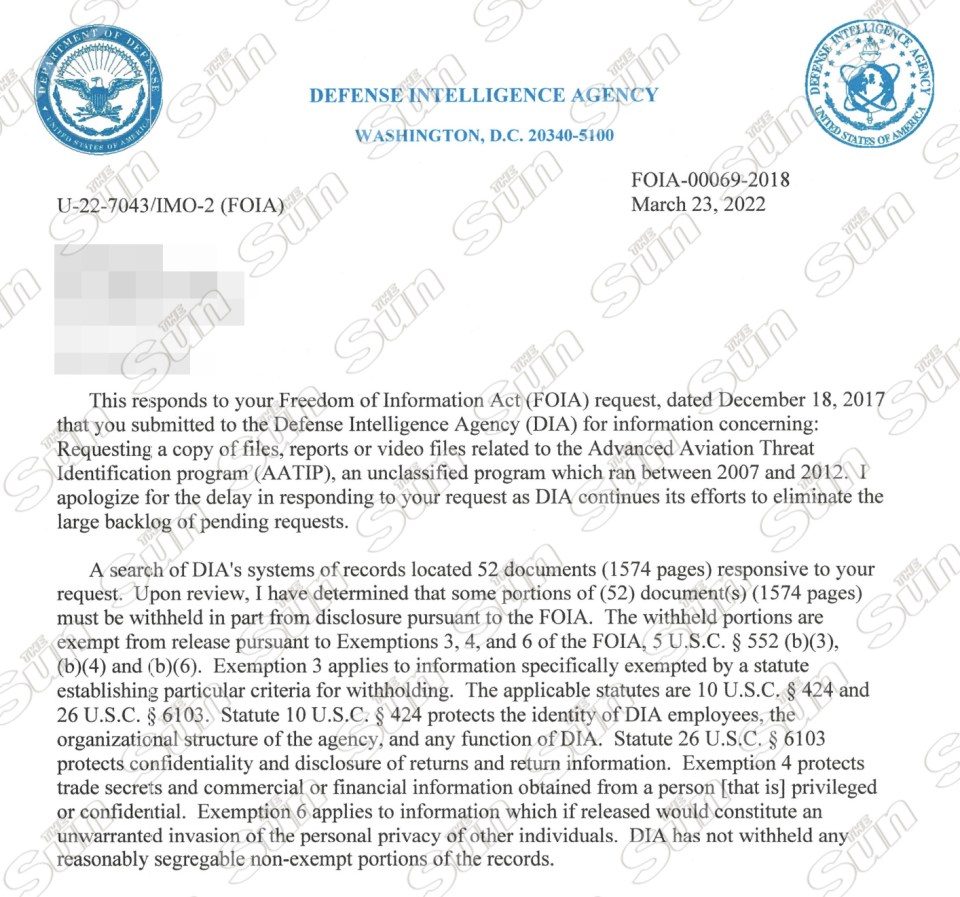 Letter from the Defense Intelligence Agency confirming it is releasing 1,574 pages of files