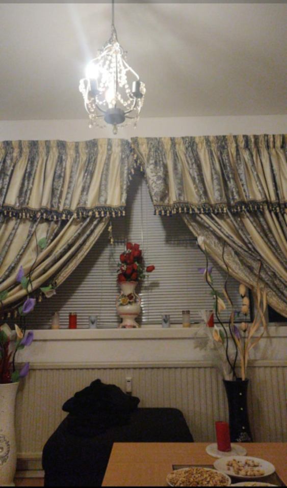 Her boyfriend's living room left little to be desired with curtains your nan would have and a strange collection of artificial flowers