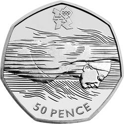 The rare 50p design shows an Olympic Swimmer in action