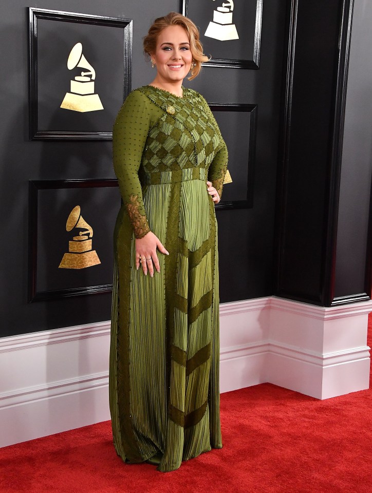 Adele looked noticeably slimmer at the 2017 Grammys and wore an olive-green Givenchy dress