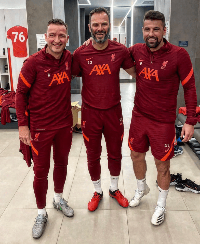 The star, centre, played in a Liverpool legends charity match against Barcelona