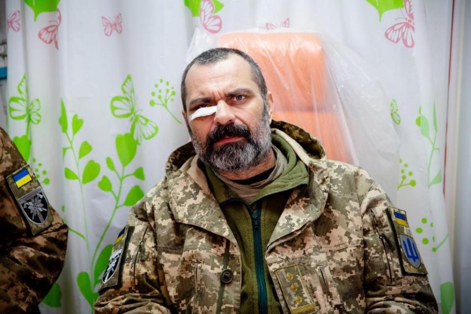 Colonel Yevgen Bondar was blasted in the face and leg by shrapnel from a Russian tank shell