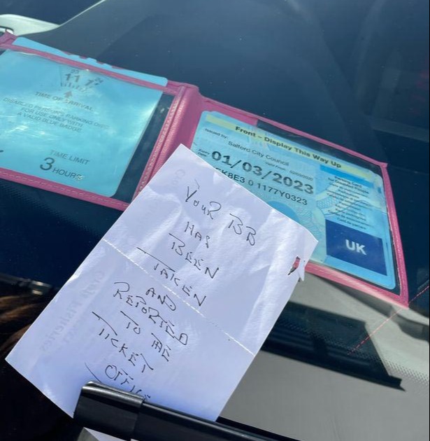 The note told Helen her blue badge had been reported