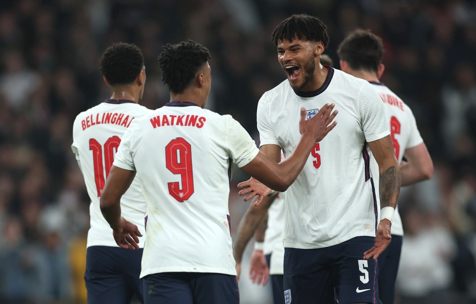 Mings reacts with Villans team-mate Watkins after heading home into the top corner