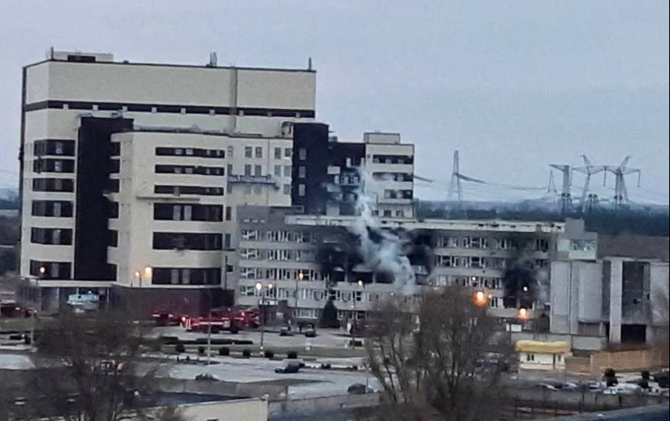 Smoke rises from the damaged training building of Zaporizhzhia nuclear power plant