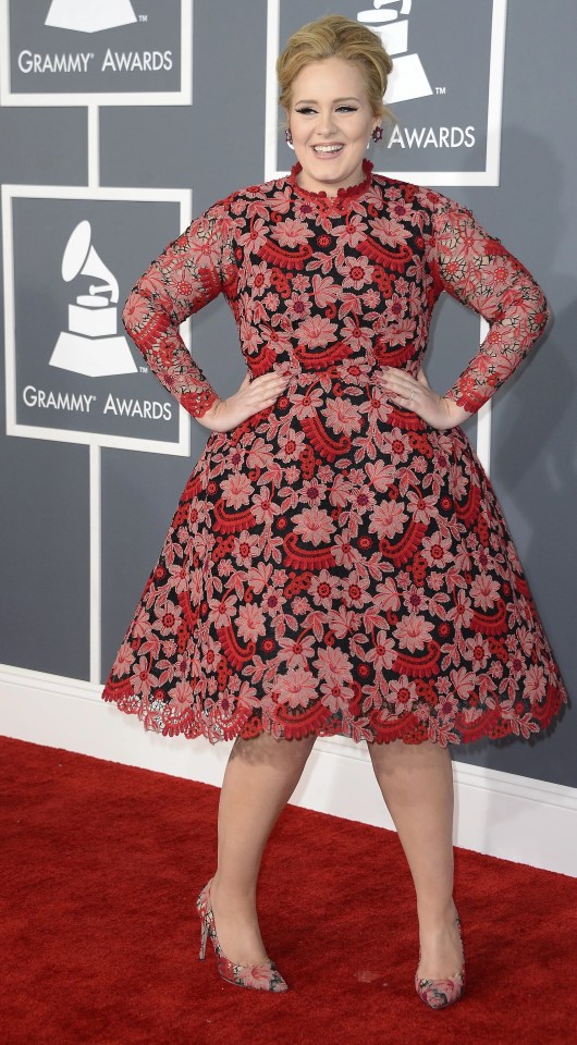 At the 2012 Grammys Adele scooped all six awards she was nominated for and wore this red floral Valentino Couture outfit