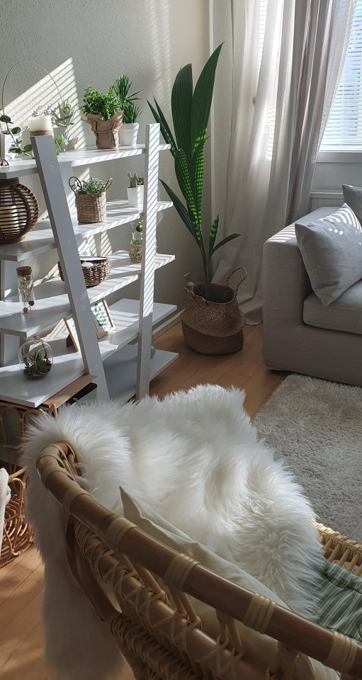 She replaced the TV unit with a stunning bookstand and swapped artificial flowers for natural greenery