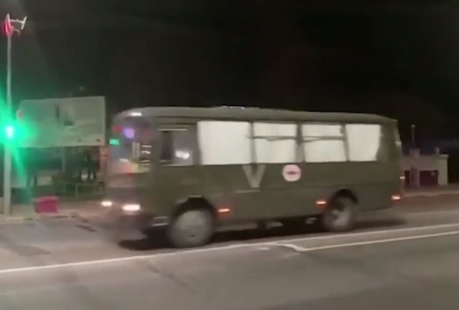 The buses with a white 'V' for Belarus were filmed in the Belarusian city of Homel