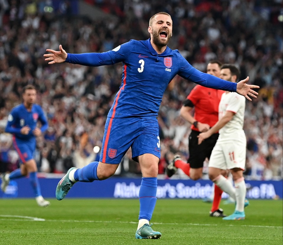 Shaw wheeled away in delight after scoring his first international goal since the Euro 2020 final