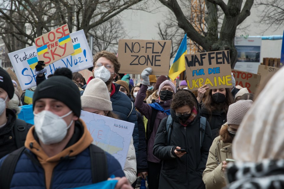 Protestors against the Russian invasion of Ukraine. One protestor holds up no fly-zone banner.