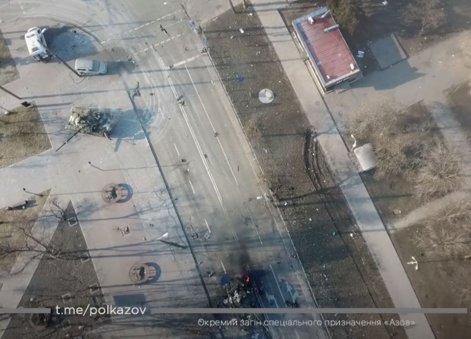 A second wrecked Z tank, left, near the first one, bottom, in footage shared on Telegram