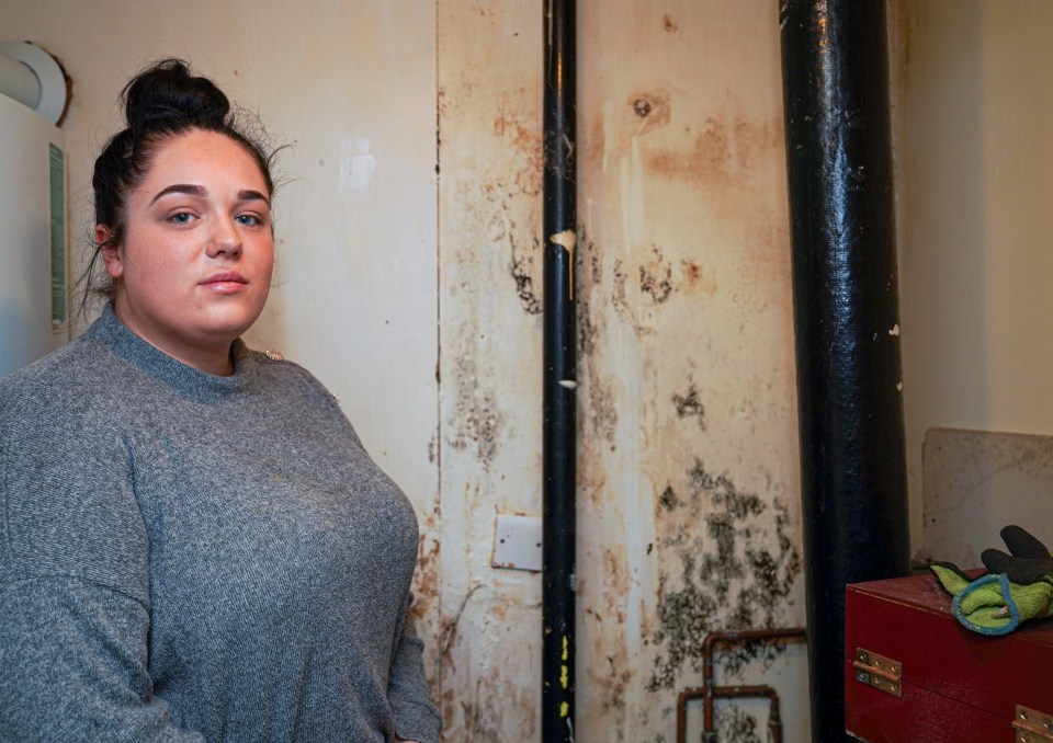 Chaileigh pictured next to the mould and damp