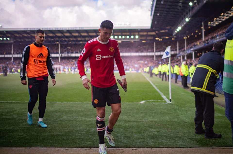 Ronaldo appeared to knock something out of a fan's hand as he walked off the Goodison Park pitch