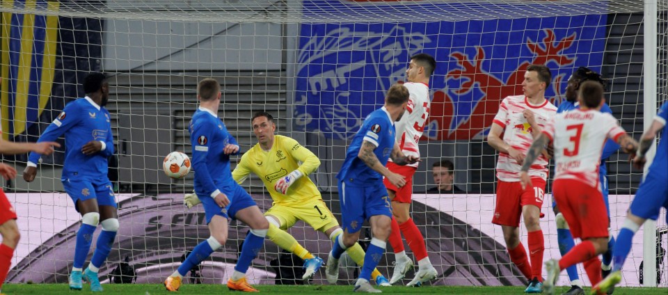 Rangers keeper Allan McGregor couldn’tkeep out Angelino’s late RB Leipzig winner