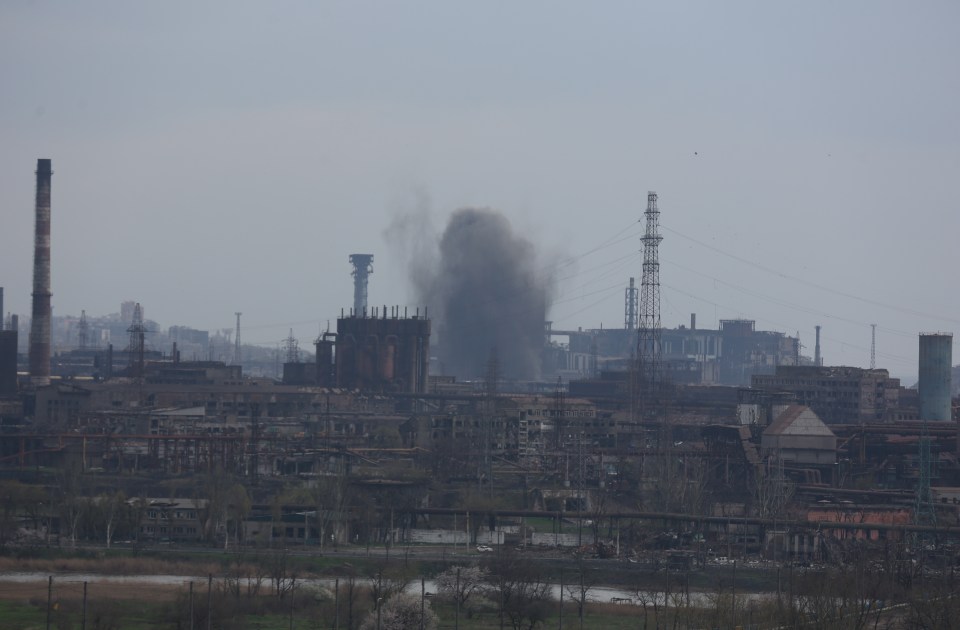 Up to 20 Brit fighters were trapped in bunkers pounded by Russian airstrikes in Mariupol – pictured the Azovstal steelworks plant