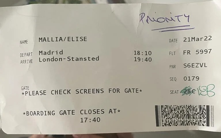 Elise said their boarding passes were scanned three times and no one said anything - (pictured -Elise's ticket from Madrid to London)