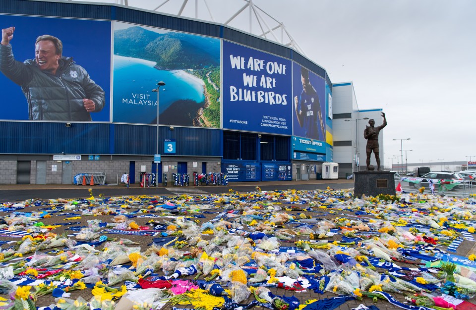 Tributes to Emiliano Sala at the Cardiff City Stadium in February 2019