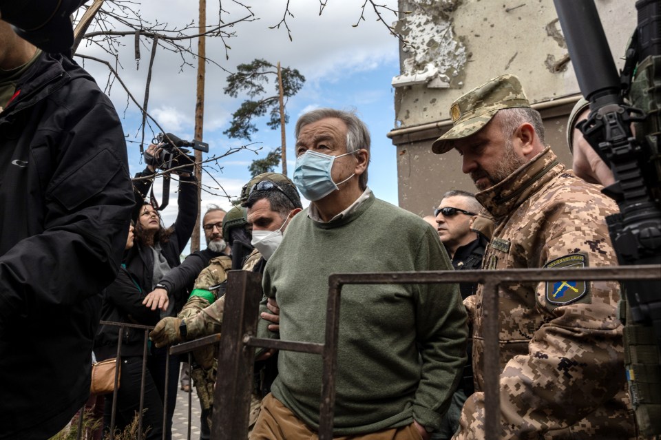 UN Secretary-General Antonio Guterres visiting bombed homes in Borodyanka near Kyiv