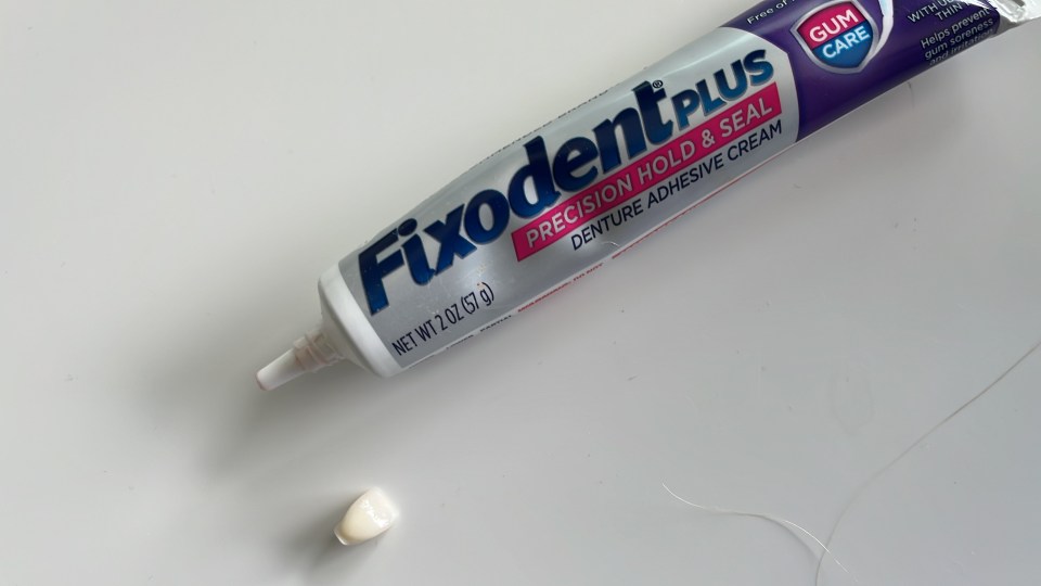 Simon's spare tube of tooth adhesive Fixodent Plus and Clemmie's front tooth