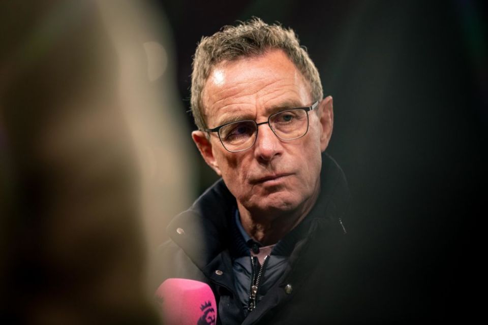 MANCHESTER, ENGLAND - APRIL 28:    Manchester United Head Coach / Manager Ralf Rangnick is interviewed during the Premier League match between Manchester United and Chelsea at Old Trafford on April 28, 2022 in Manchester, United Kingdom. (Photo by Ash Donelon/Manchester United via Getty Images)