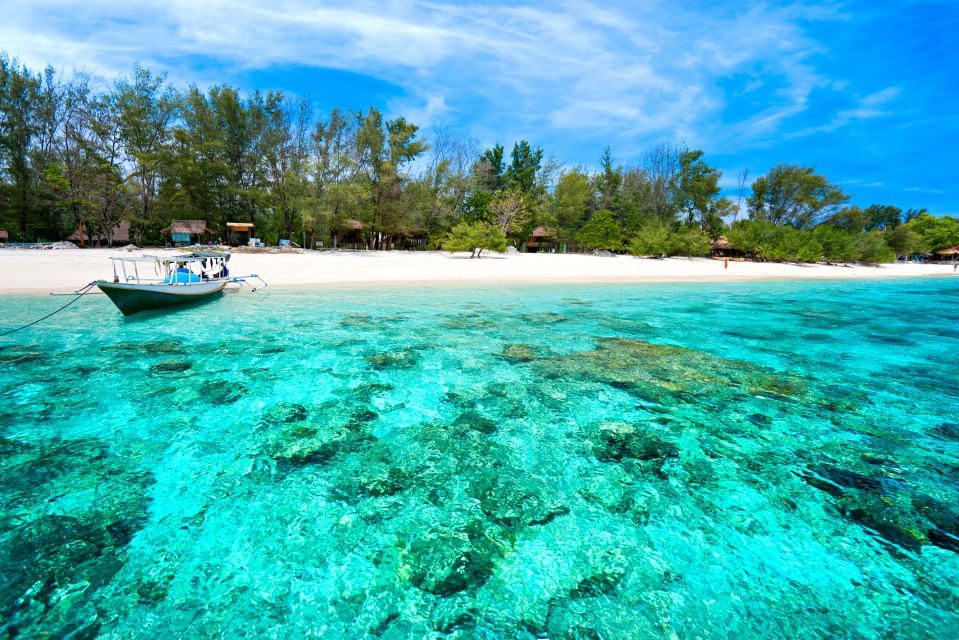 Beautiful sea of Gili Meno, with view of Gili Air. Indonesia.