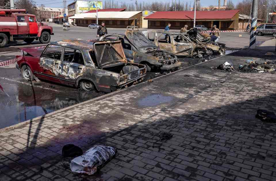 Calcinated cars outside Kramatorsk train station which was hit by a Russian rocket attack