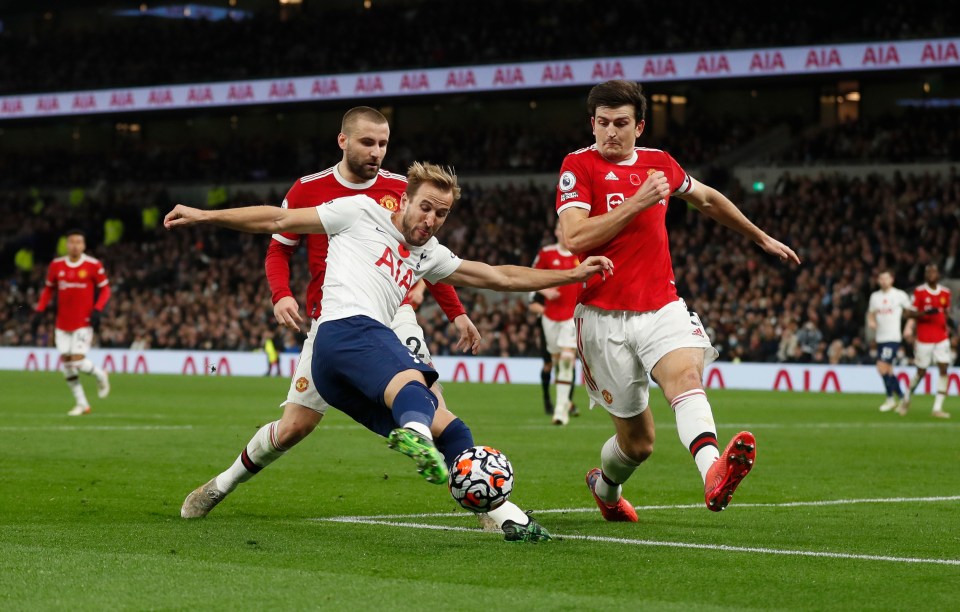 Man Utd defenders Luke Shaw and Harry Maguire, here sandwiching top transfer target Harry Kane, have had nightmare seasons