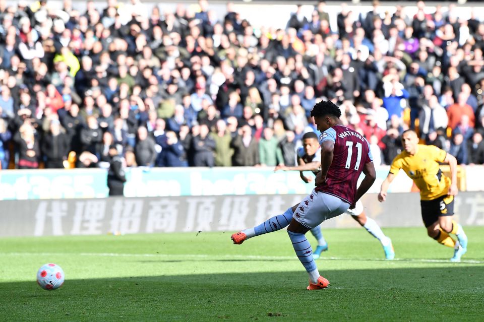 Ollie Watkins slots home a late spot-kick in vain for Aston Villa