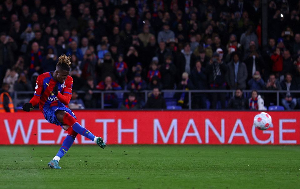 Wilfried Zaha put Palace 3-0 up as he sent Aaron Ramsdale the wrong way from the penalty spot