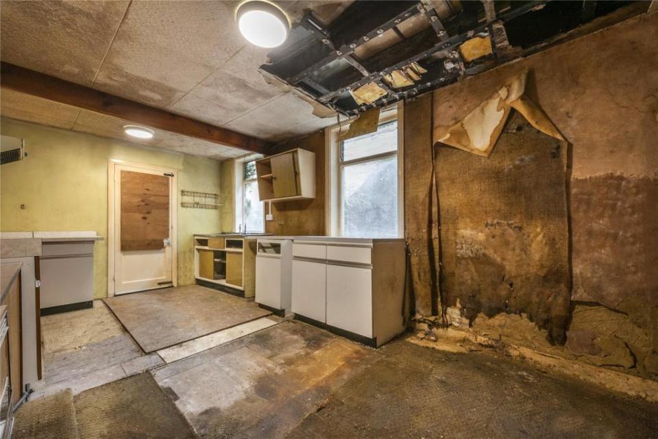 In the kitchen, part of the ceiling appears to have fallen in and a wall seems to be crumbling away