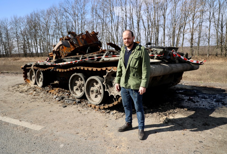 Our man Jerome Starkey and a Russian tank wreck