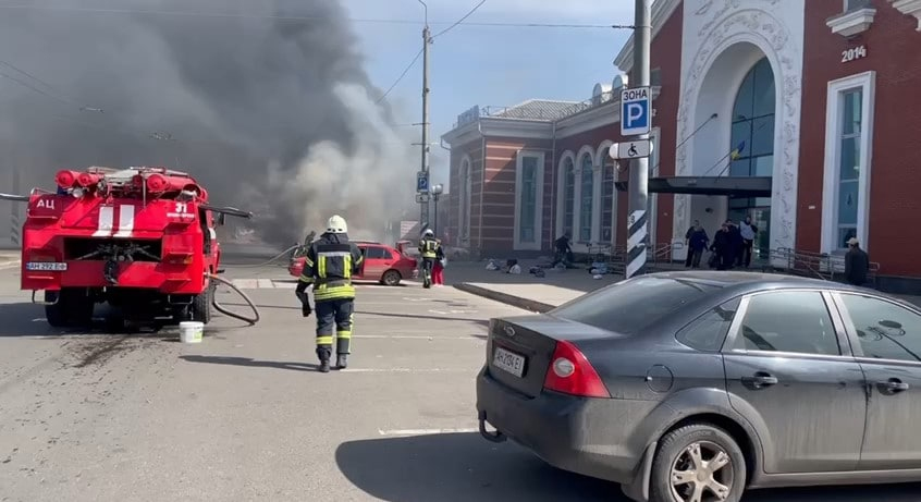 Firefighters were seen battling the blaze at the station where civilians sheltered