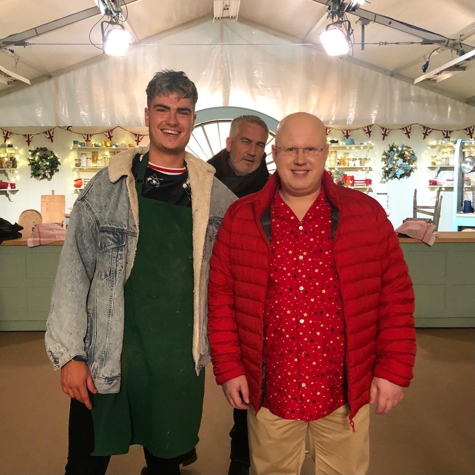 Jamie Finn with Matt Lucas and Paul Hollywood when he returned to film a Bake Off Christmas special