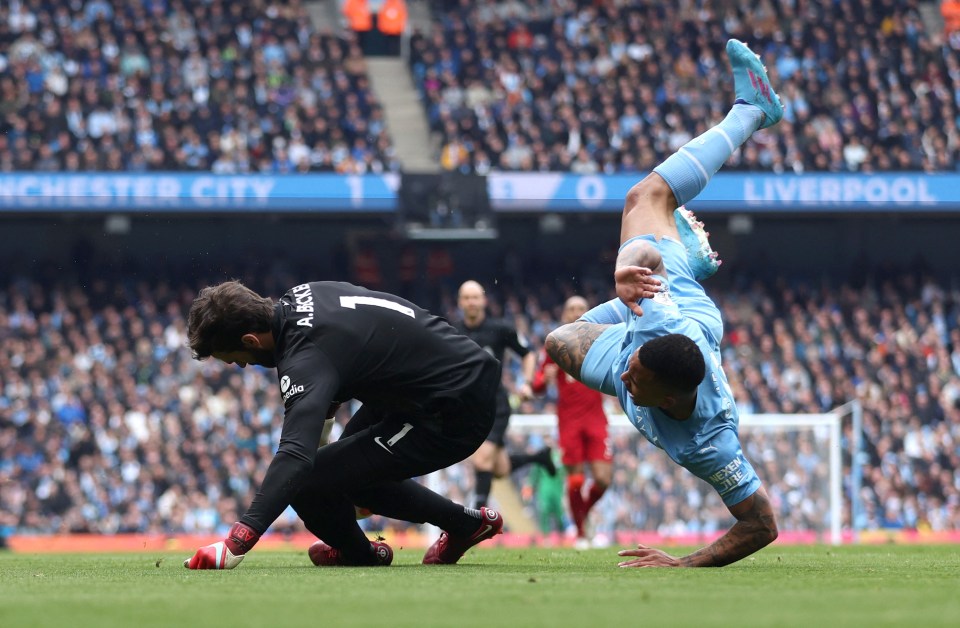 Gabriel Jesus wanted a penalty at 1-0 after colliding with compatriot Alisson