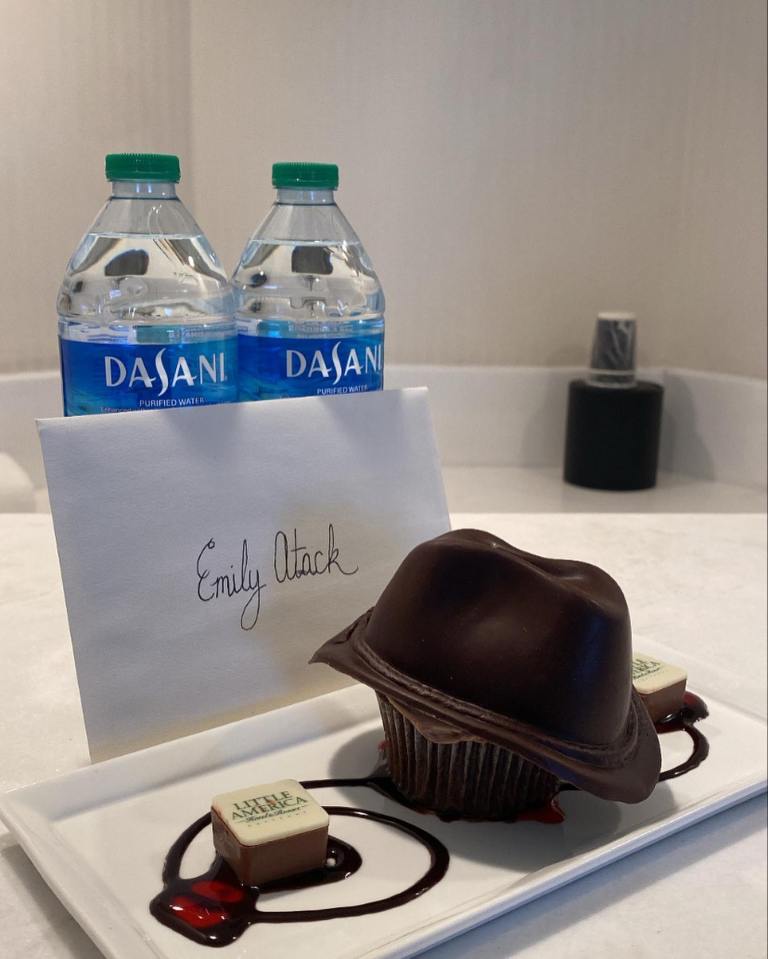 The TV star received a chocolate cowboy hat as a welcome gift