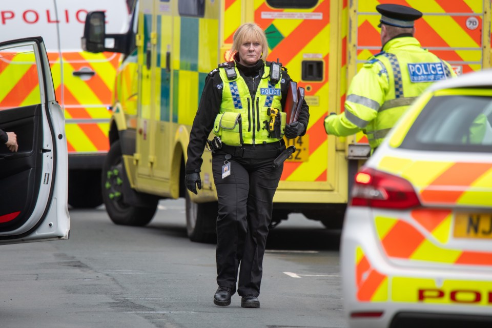 In one scene, Sarah walked among a group of emergency vehicles called to an incident