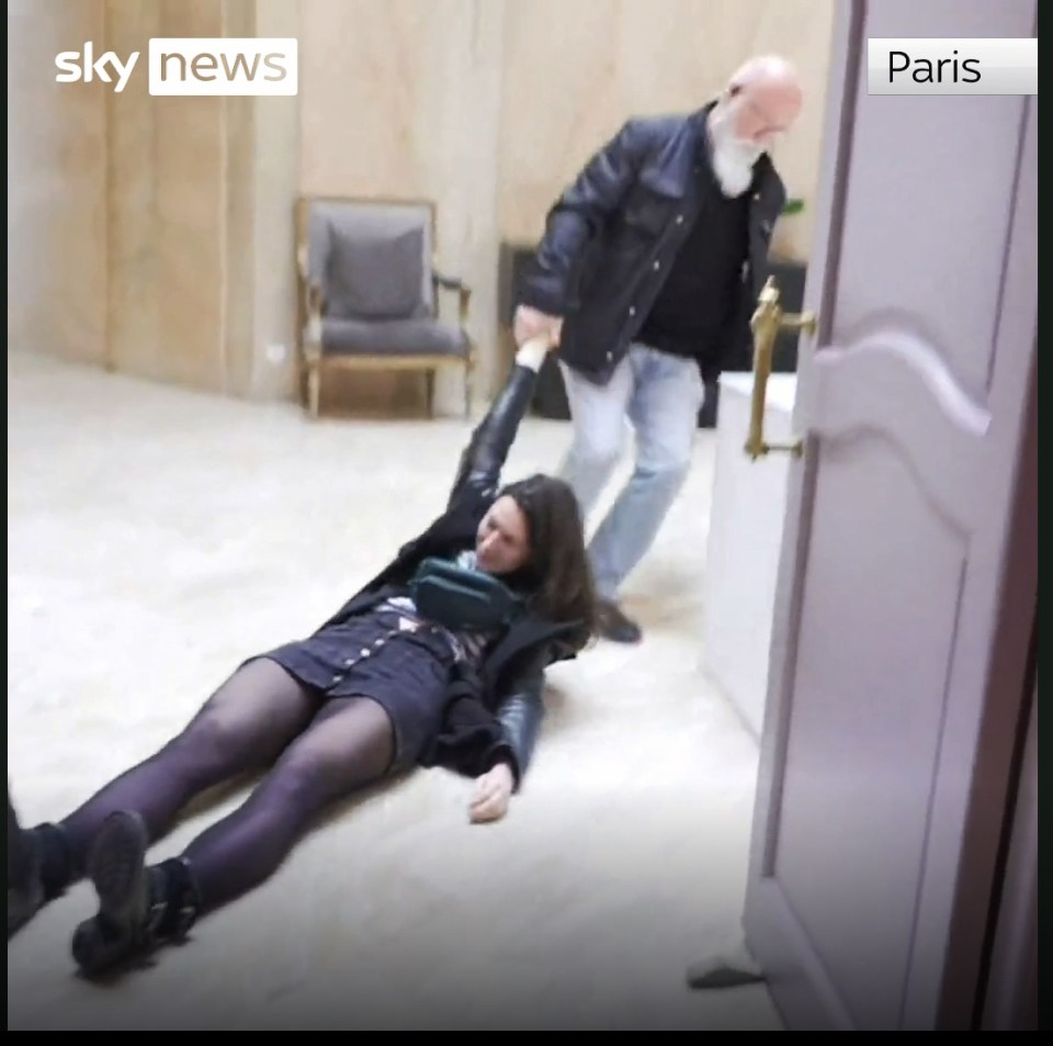 A protestor is dragged to the ground at Le Pen's press conference as the French election race starts up