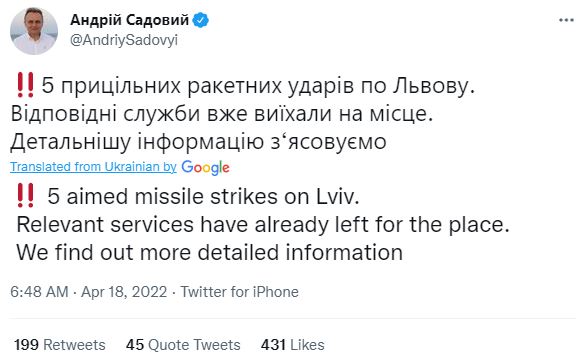 Lviv's mayor tweeted to confirm the Russian strike that took place on Monday morning