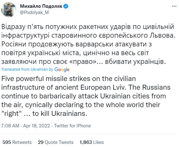 President Zelenskyy's adviser tweeted about the attack - describing it as "barbaric"